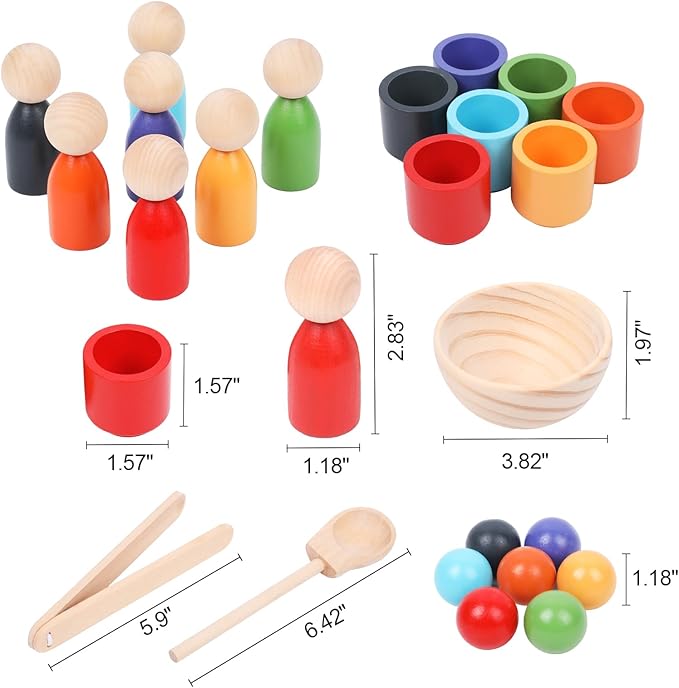 Montessori Balls in Cups Wooden Peg Dolls in Cups, Toddler Color Sorting Toys and Matching Game