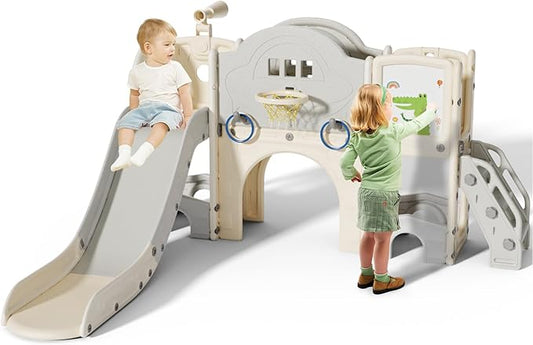 10 in 1 Toddler Slide for Toddlers Age 1-3, Extra-Long Slide with Basketball Hoop Indoor and Outdoor Baby Climber Playset Playground Freestanding Slide (Large