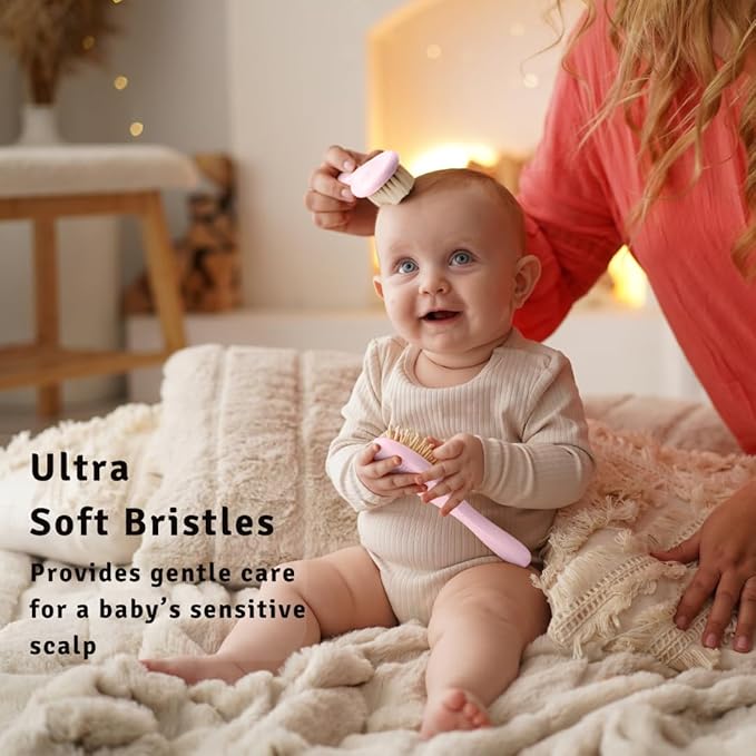 Baby Hair Brush with Soft Goat Bristles - Wooden Cradle Cap Brush for Newborns, Infants, Toddlers, and Kids - Gentle Scalp Grooming and Styling for Baby Girls and Boys (Rosa)