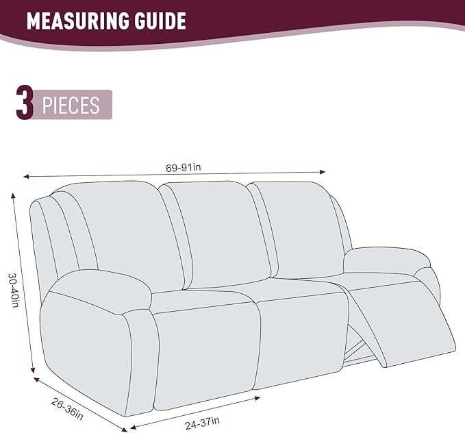 KinCam Recliner Covers, Stretch Reclining Chair Covers, Recliner Sofa Slipcovers Stripe Jacquard Recliner Couch Covers Furniture Protector Covers for Pet Kid (3 Seater, Burgundy)