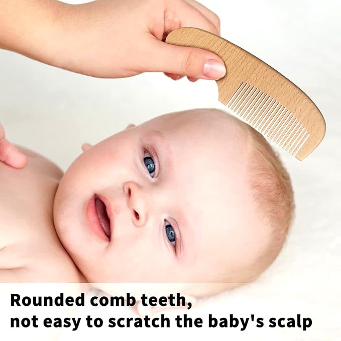 Baby Hair Brush and Comb Set, 4 in 1 Wooden Natural Goat Bristles Brush+Comb+ White Cradle Cap Brush Grooming Kit for Newborns Toddlers Boys Girls