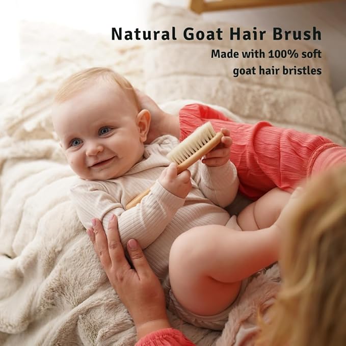 Baby Hair Brush with Soft Goat Bristles - Wooden Cradle Cap Brush for Newborns, Infants, Toddlers, and Kids - Gentle Scalp Grooming and Styling for Baby Girls and Boys (Beechwood)