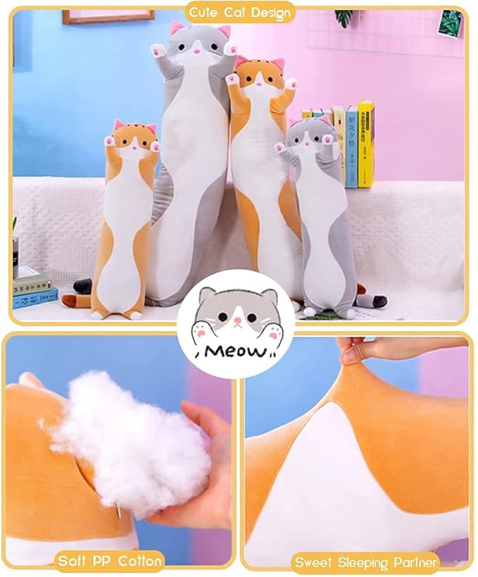 Cute Cat Plush Long Body Pillow Cuddle Cartoon Stuffed Animals Cat Plushie Soft Doll Pillows Gifts for Kids Girls(Orange, 35 Inches) 1 Count 1)