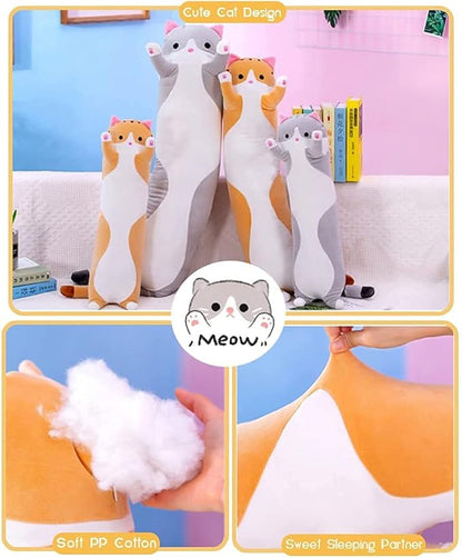 Cute Cat Plush Long Body Pillow Cuddle Cartoon Stuffed Animals Cat Plushie Soft Doll Pillows Gifts for Kids Girls (Gray, 51 Inches) 1 Count 1)