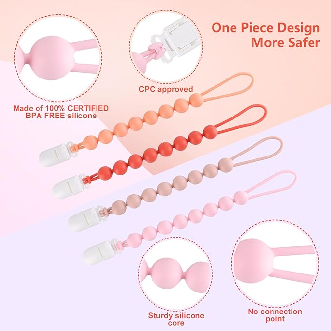 4-Pack Silicone Pacifier Clips for Baby Boys and Girls - with One-Piece Beads, Flexible and Rust-Free Holders for Teething Relief and Baby Essentials