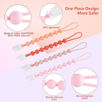 4-Pack Silicone Pacifier Clips for Baby Boys and Girls - with One-Piece Beads, Flexible and Rust-Free Holders for Teething Relief and Baby Essentials