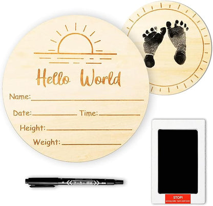 Hello World Baby Sign, 5.9" Baby Announcement Sign with Marker Pen-Not Bleed on Wood and Ink Pad 2 Sided