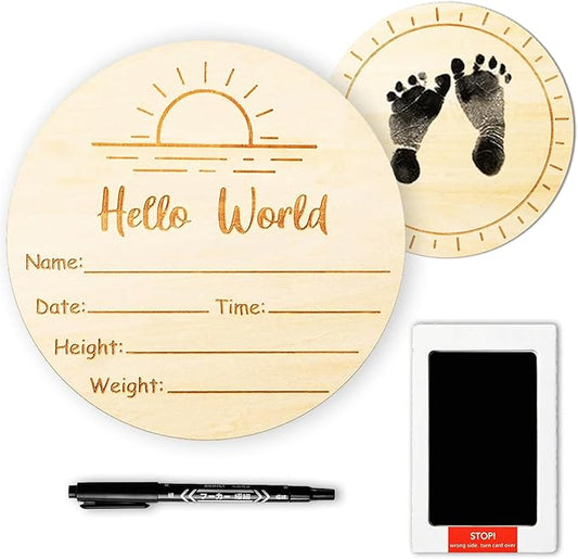 Hello World Baby Sign, 5.9" Baby Announcement Sign with Marker Pen-Not Bleed on Wood and Ink Pad 2 Sided