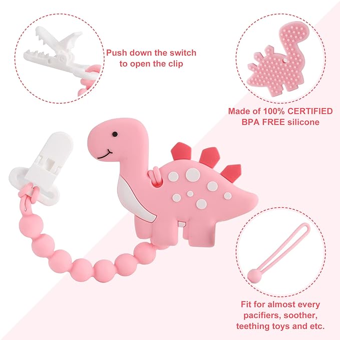 Baby Teething Toys for Babies 3-6 6-12 Months, Dinosaur Teether Pain Relief Toy with One Piece Design Pacifier Clip Holder Set