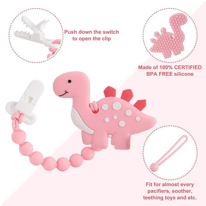Baby Teething Toys for Babies 3-6 6-12 Months, Dinosaur Teether Pain Relief Toy with One Piece Design Pacifier Clip Holder Set