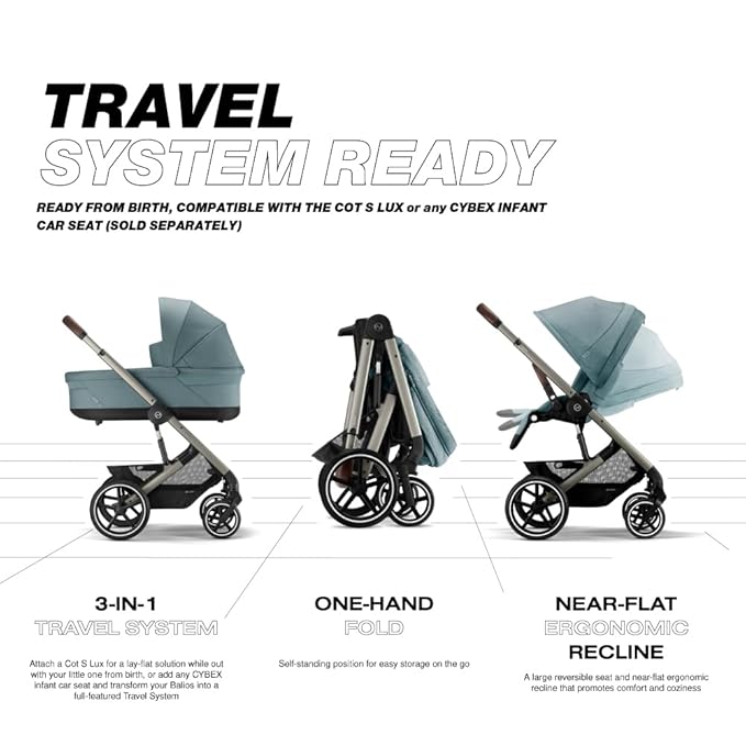 Cybex Balios S Lux Toddler and Baby Stroller with Reversible Seat, Unique One-Pull Harness, and Multiple Recline - Travel System Ready, with One Hand Fold, Taupe Frame/Sky Blue Seat
