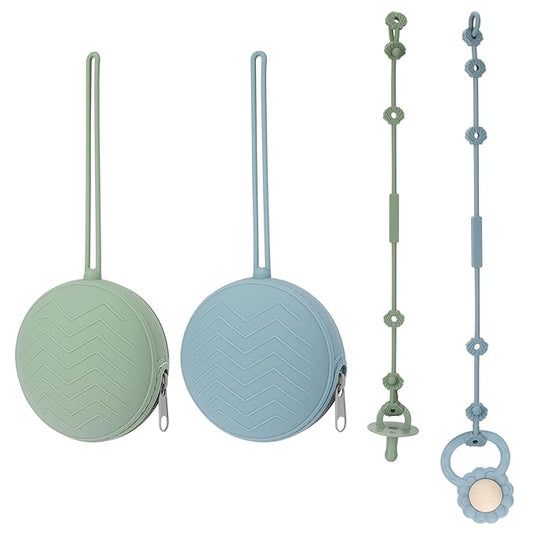 2 Pack Silicone Pacifier Holder Case & Toy Safety Straps, BPA-Free Silicone Newborn Pacifier Pouchs for Baby Boys & Girls