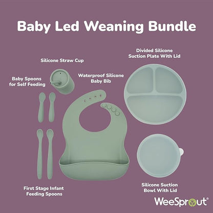 WeeSprout Baby Led Weaning Bundle, Silicone Suction Bowl, Spoons, Bib & Cup, Develops Self Feeding Skills, Dishwasher Safe (Green)