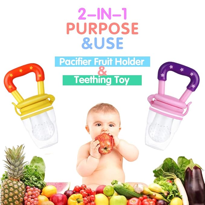 Baby Fruit Feeder by HAOBAOBEI, Frozen Teething Toys for Babies, Baby Fruit Pacifier Feeder with 3 Sizes Silicone Pouches, Baby Eating Essentials, BPA Free Baby Feeding Supplies -2 Pack (Pink Yellow)