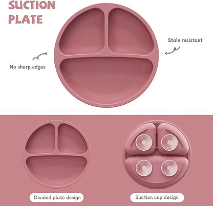 RyanLemon Baby Feeding Set, Baby Flatware Sets, Silicone Baby Led Weaning Set, Suction Plate and Bowl, Pocket Bib, Spoon Fork, Toddler Flatware Set for Babies 6 Months+, Pink