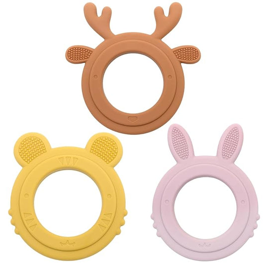 Silicone Teething Toys, Animal Teething Rings 0-6 Months, 3 Pack