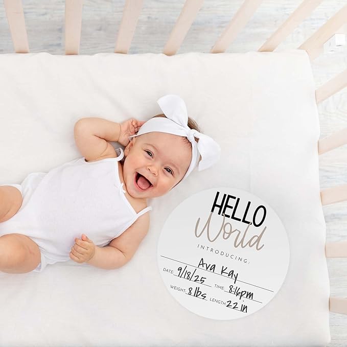 Neutral Hello World Newborn Announcement Sign / 10" Round Dry
