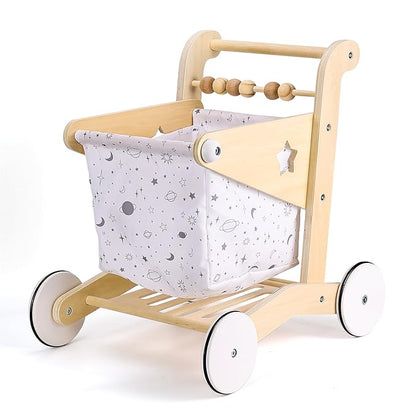 Wooden Baby Push Walker Doll Stroller, Adjustable Speed Shopping Cart Toddler Toys 1 2 3