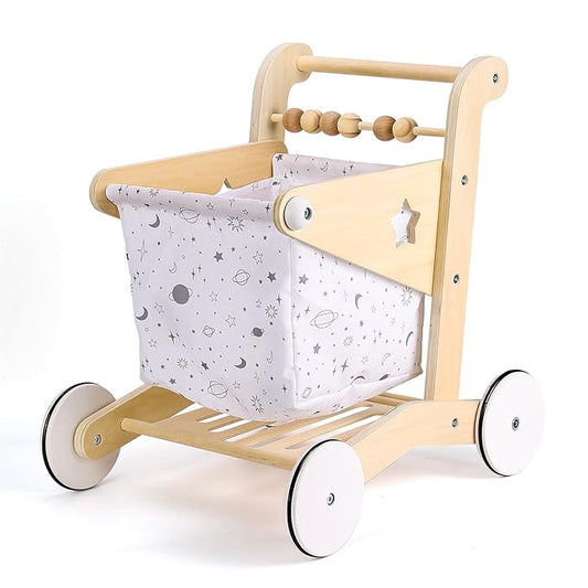 Wooden Baby Push Walker Doll Stroller, Adjustable Speed Shopping Cart Toddler Toys 1 2 3