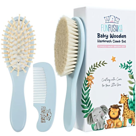 Wooden Baby Hair Brush and Comb Set for Newborns - Baby Soft Goat Bristle & Comb for Gentle Scalp Care - Perfect Registry Gift Set - Cradle Cap Brush for Newborn (Sky)