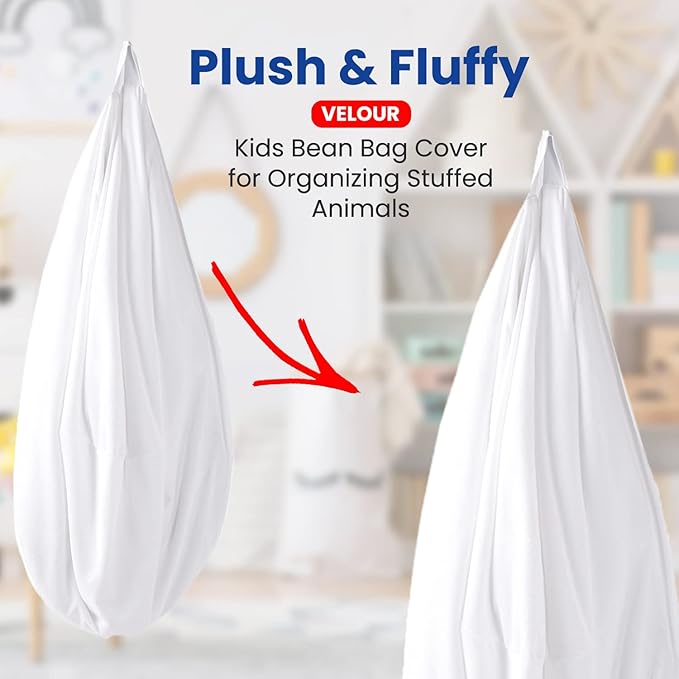 Cheer Collection Oversized Storage Bag, Kids Plush Toy Storage Organizer and Bean Bag Chair with Handle, Microplush Zippered Bag for Organizing Stuffed Animals - White