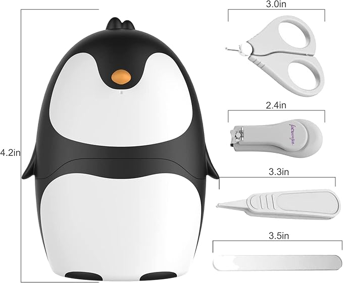 Baby Nail Clippers Set, Baby Nail Kit with Cute Case, Infant Manicure and Pedicure Health Grooming Care Can for Newborn, Kids and New Parents As Shower Gifts (Black Penguin)