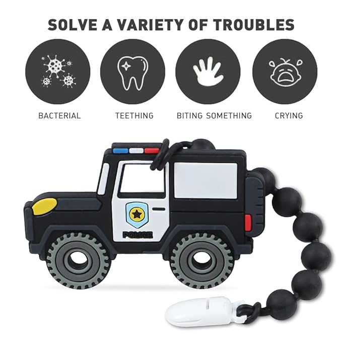 Baby Construction Vehicles Teething Toys,Food Grade Silicone Teether with One-piece Pacifier Clip Holder 3 Months+