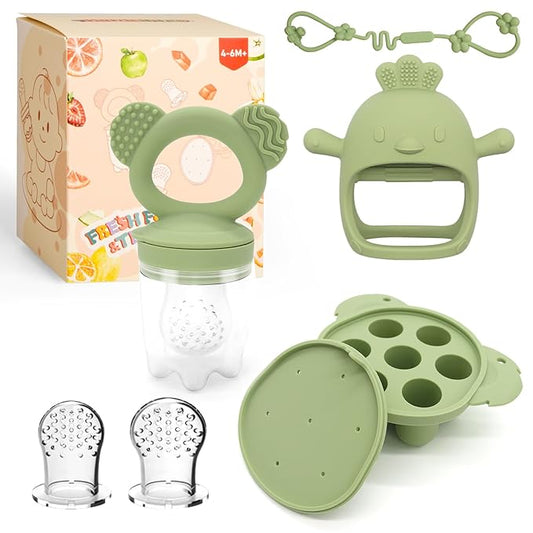 Baby Fruit/Fresh Food Feeder with Breastmilk Popsicle Molds & Baby Teether Combo Food Grade Silicon for 6M+ Breastmilk Pops, Frozen Fruit