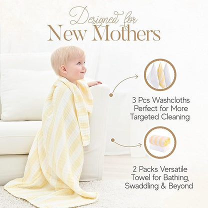 Muslin Baby Bath Towel Set, 2 Large Gauze Super Soft Baby Bath Towel and 3 Washcloths, 6 Layers Muslin Cotton Infant Blanket Suitable for Baby's Delicate Skin (Amsicotion)