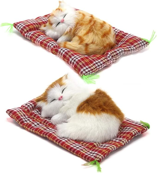 2Pcs Sleeping Cat on Pad Doll Toy, Cute Mini Kitten