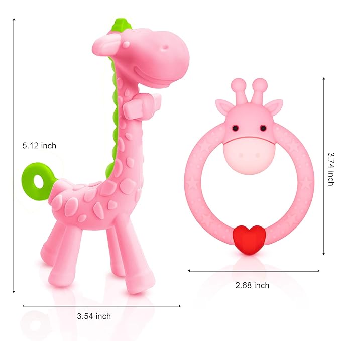 SHARE&CARE BPA Free Silicone Giraffe Baby Teether Toy with Storage Case, for 3 Months Above Infant Sore Gums Pain Relief and Baby Shower