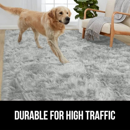 Gorilla Grip Fluffy Faux Fur Rug, 4x6, Machine Washable Soft Furry Area Rugs, Rubber Backing, Plush Floor Carpets for Baby Nursery, Bedroom, Living Room Shag Carpet, Luxury Home Decor, Light Gray