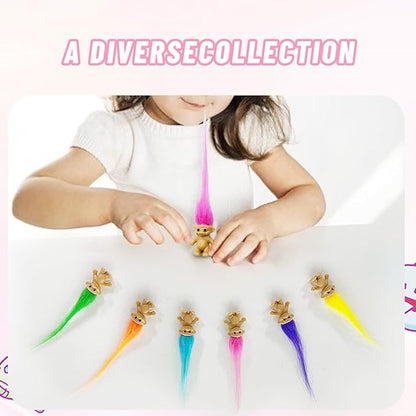 60pcs Long-haired Lucky Mini Troll Dolls, Assorted Hair Colors 0.78" Bodies, 2" Hair.