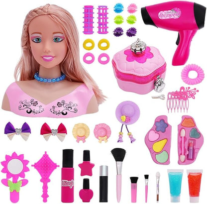 Doll Head Hair Styling Makeup Girls Toys Kids Pretend Play Beauty Set with Real Washable Cosmetics Hairdryer Curling Hairpins Accessories Birthday Gifts for Girls 3 Years Old