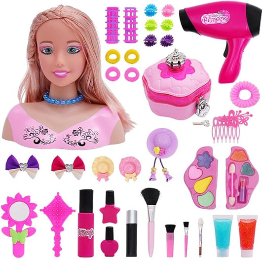 Doll Head Hair Styling Makeup Girls Toys Kids Pretend Play Beauty Set with Real Washable Cosmetics Hairdryer Curling Hairpins Accessories Birthday Gifts for Girls 3 Years Old