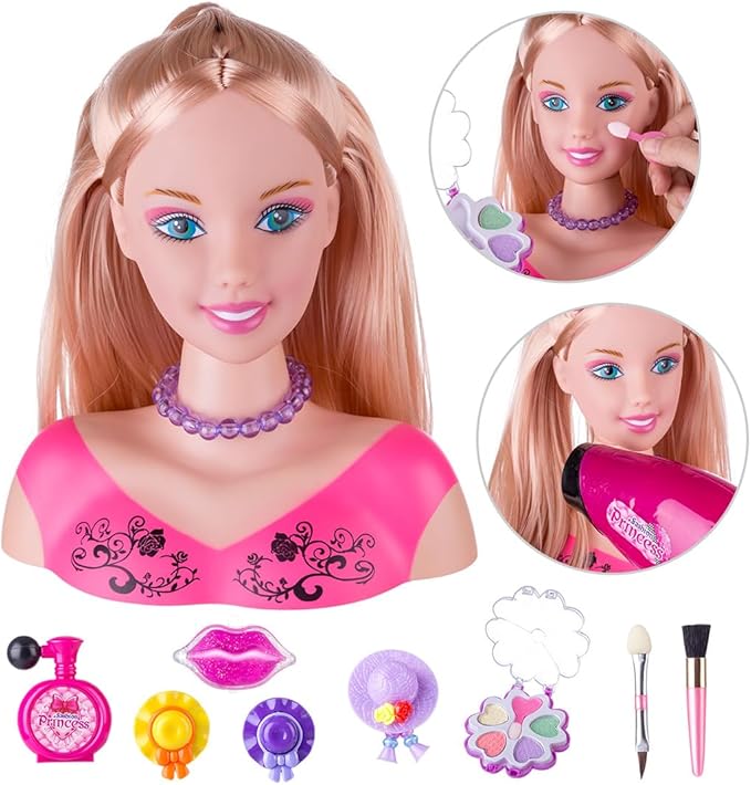 Makeup and Hair Styling Doll Head Toy Kit - 35Pieces Kids Pretend Play Set with Hair Dryer Washable Cosmetics Style Accessories, Makeup Practice Birthday Gifts for Girls