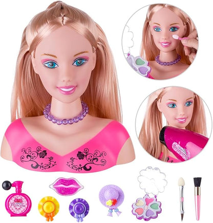 Makeup and Hair Styling Doll Head Toy Kit - 35Pieces Kids Pretend Play Set with Hair Dryer Washable Cosmetics Style Accessories, Makeup Practice Birthday Gifts for Girls
