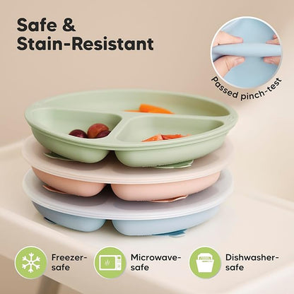 KeaBabies Suction Plates with Lids for Baby - 3-Pack 100% Silicone Suction Plates for Baby, Kids,Toddler Plates,Divided Baby Plates with Suction,Lids, BPA-Free, Microwave, Dishwasher Safe (Mellow)