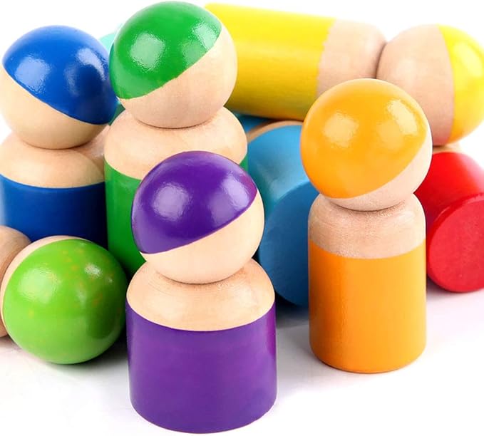 Montessori Toys for Toddlers, Wooden Rainbow Peg Dolls Shapes Sorting Toys 9 Wood