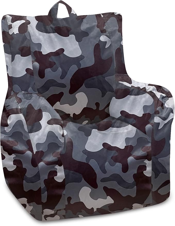 Posh Creations Structured Comfy Bean Bag Chair for Gaming, Reading and Watching TV, Pasadena Chair, Nylon - Camo Dark and Black Gray