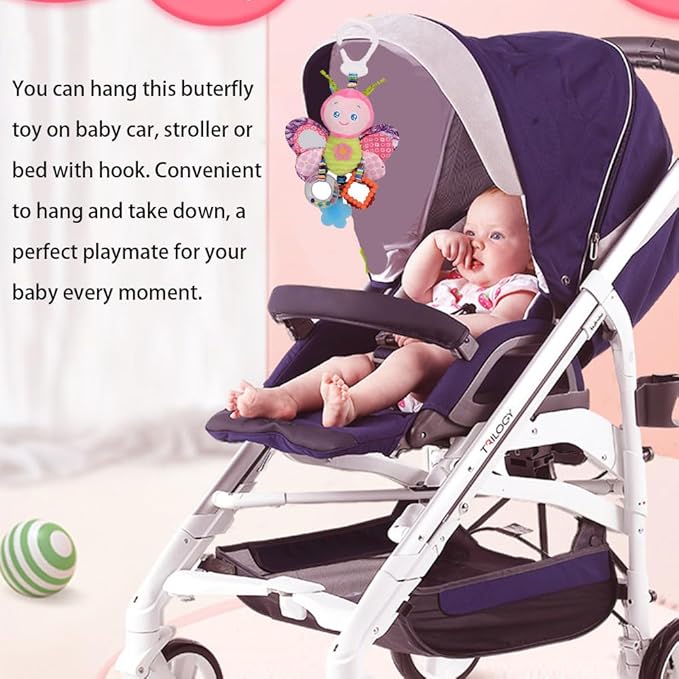 Baby Car Seat Stroller Plush Hanging Rattle Toys Newborn Crib Bed Around Toy with Teether Rattle Sound for 0-3 Years Old (Butterfly)