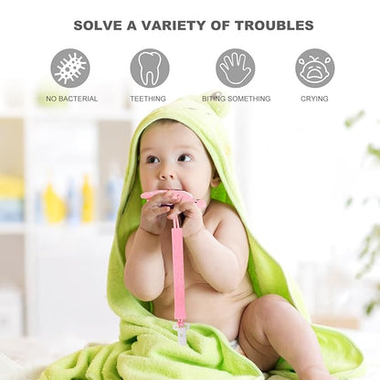 Baby Teething Toys, Dinosaur Teether Pain Relief Toy with One Piece Design Pacifier Clip Holder Set for Newborn Babies