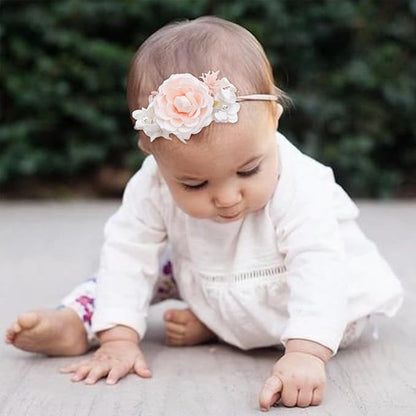 Delicate Floral Headbands Set for Girls - 3pcs Elastic Nylon Pearl Hair Bands, Soft & Stretchy Accessories for Infants