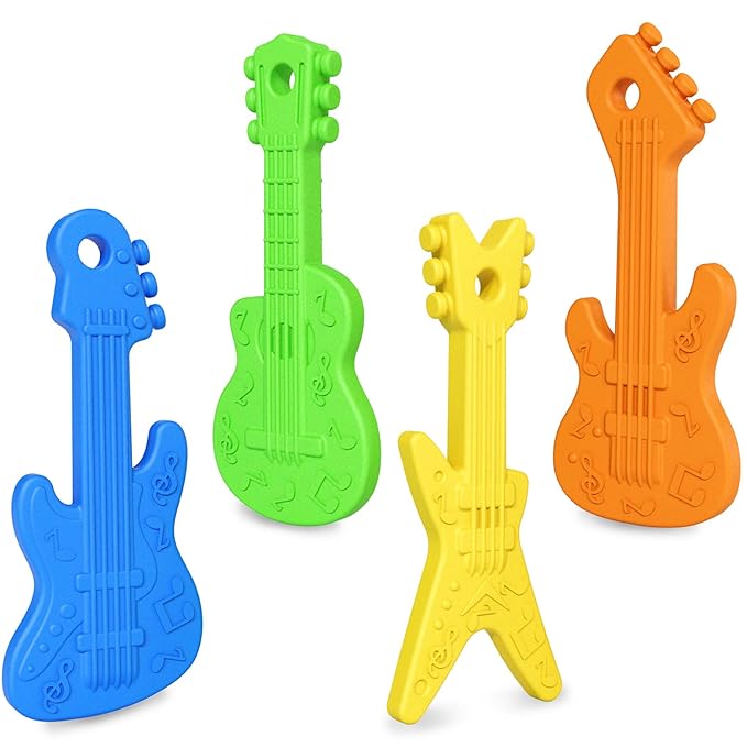 4 Pack Baby Teething Toys, Cartoon Guitar Teether Toys for Baby Infants 0-24 Months