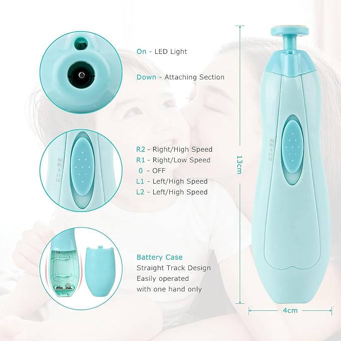 Baby Nail Electric Trimmer, Trim Polish Grooming Kit with 6 Grinding Head and LED Light, Safe Nail Clippers Nail File Kit for New Born Infant Toddler or Adults Toes and Fingernails (Green)