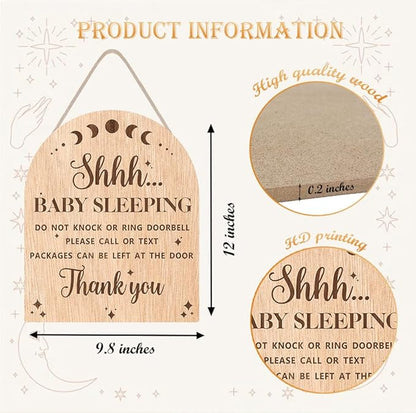 OLMIXA Baby Sleeping Wooden Hanging Sign for Front Door (9.8x12inch), Do Not Knock or Ring Door Knob Hanger Sign