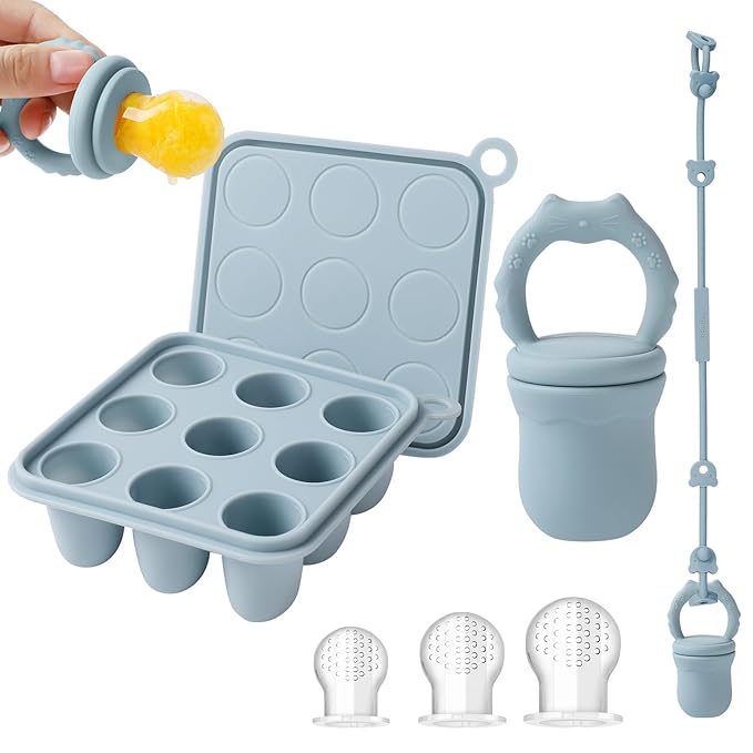 Silicone Baby Fruit Food Feeder Pacifier & Baby Food Freezer Tray & Silicone Toy Strap Combo, Breast Milk Popsicle Freezer Molds Teether Toy for Babies 4-6 12 Months(Ether)