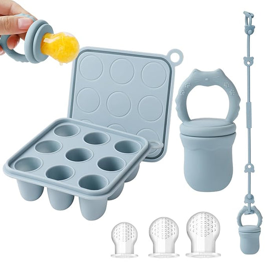 Silicone Baby Fruit Food Feeder Pacifier & Baby Food Freezer Tray & Silicone Toy Strap Combo, Breast Milk Popsicle Freezer Molds Teether Toy for Babies 4-6 12 Months(Ether)