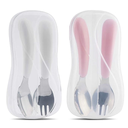 Kirecoo 2 Set Toddler Utensils, Toddler Forks and Spoons, Stainless Steel Toddler Silverware Set, Designed for Self Feeding Flatware Set with Travel Carrying Cases BPA Free (White & Pink)