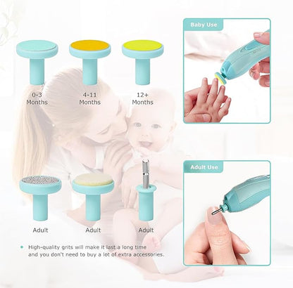 Baby Nail Electric Trimmer, Trim Polish Grooming Kit with 6 Grinding Head and LED Light, Safe Nail Clippers Nail File Kit for New Born Infant Toddler or Adults Toes and Fingernails (Green)